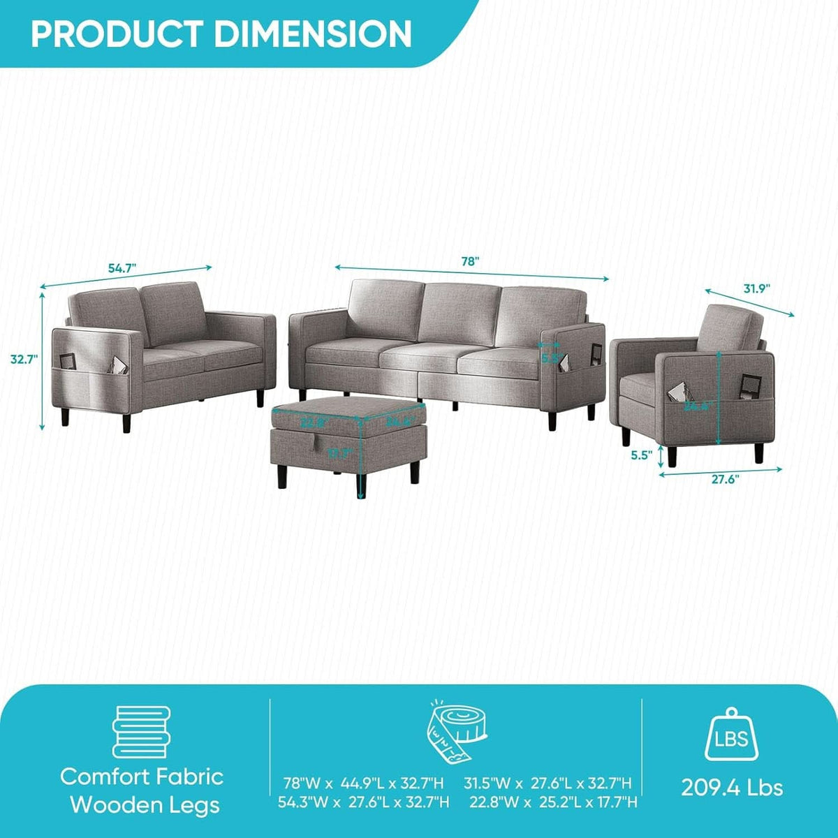 6 Seater Linen Fabric Sectional Sofa With Movable Storage Ottoman Light Grey
