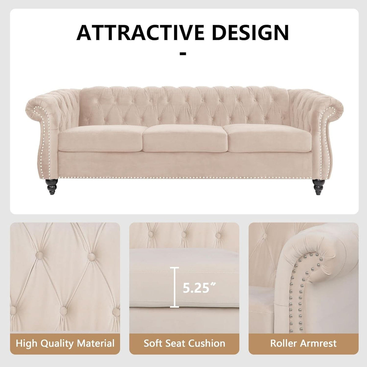 Beige Velvet 3 Piece Living Room Set With Chesterfield Sectional Sofa And Loveseat