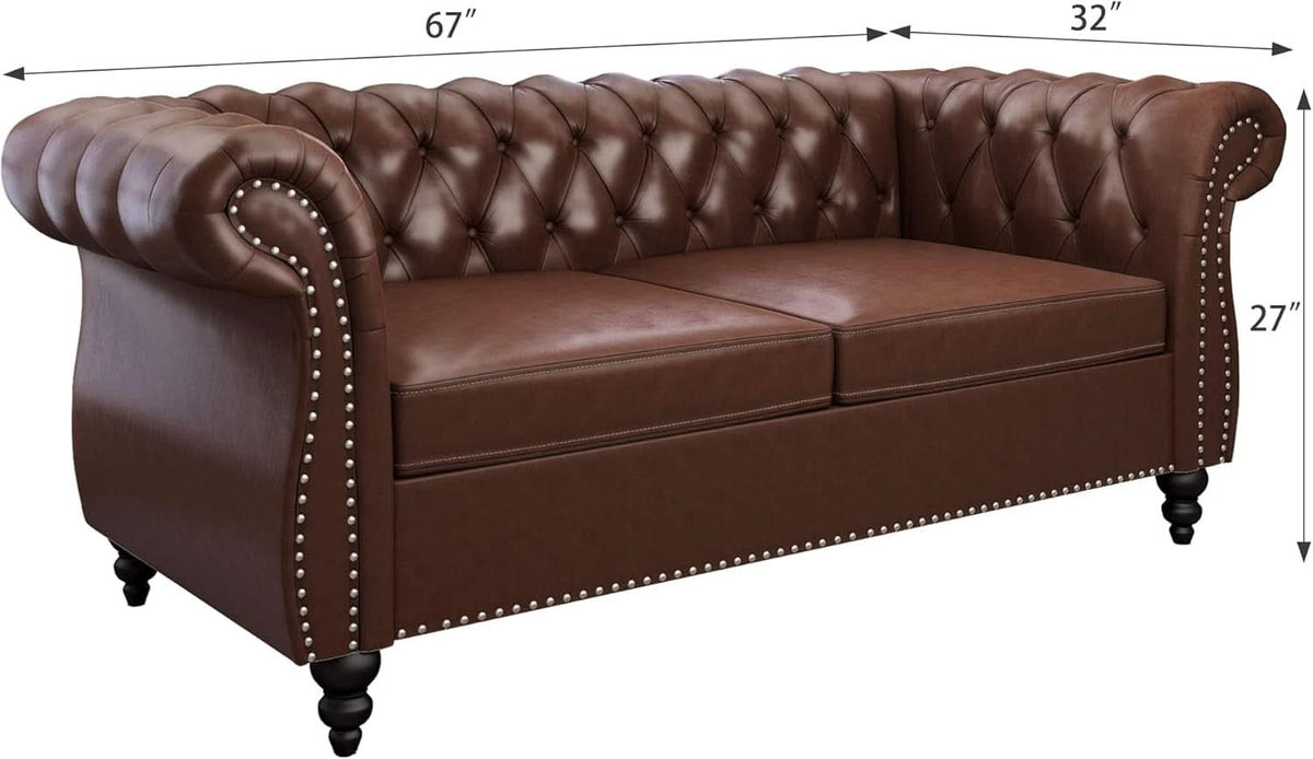 3 Piece Chesterfield Leather Living Room Set Sofa Loveseat Chair Dark Brown with Scroll Arms and Nailhead