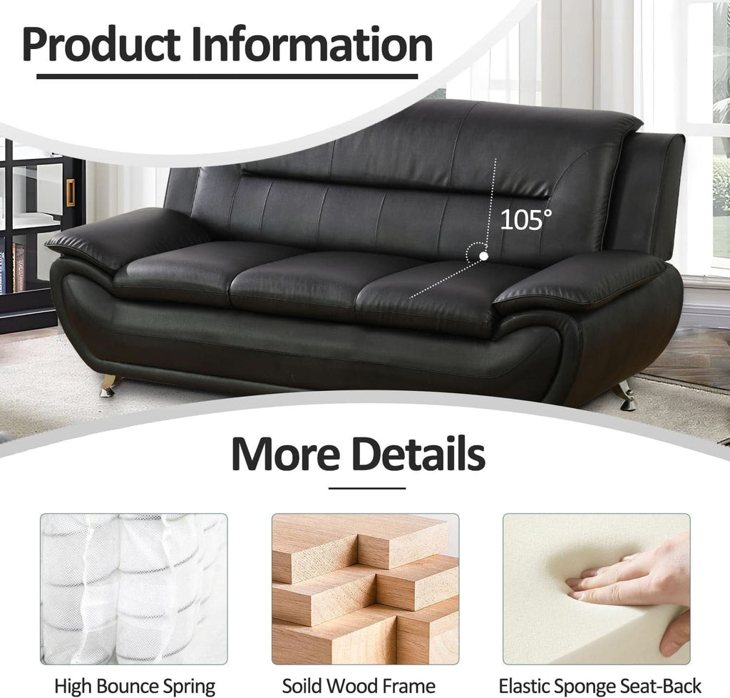 Faux Leather 3 Piece Modern Living Room Sofa Set Black
