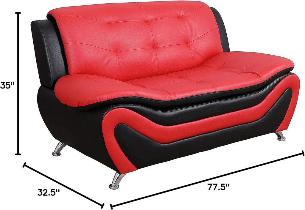 Aldo 3 Piece Modern Sofa Set Black Red Faux Leather