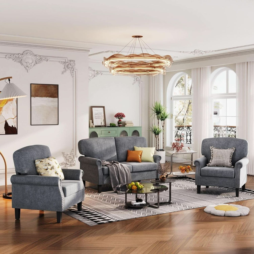 3 Piece Living Room Furniture Set Grey Linen Fabric Loveseat And Two Accent Chairs