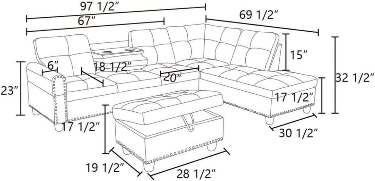 Grey White Flannel L Shaped Sectional Sofa With Ottoman