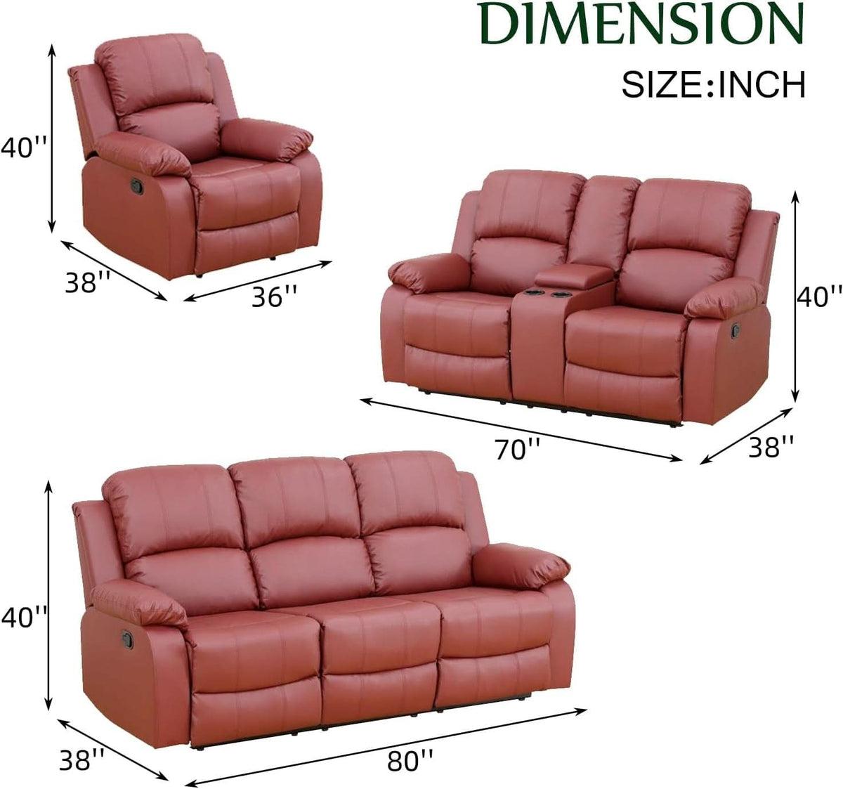 Leather Recliner Sofa Set Red Three Piece Living Room Furniture