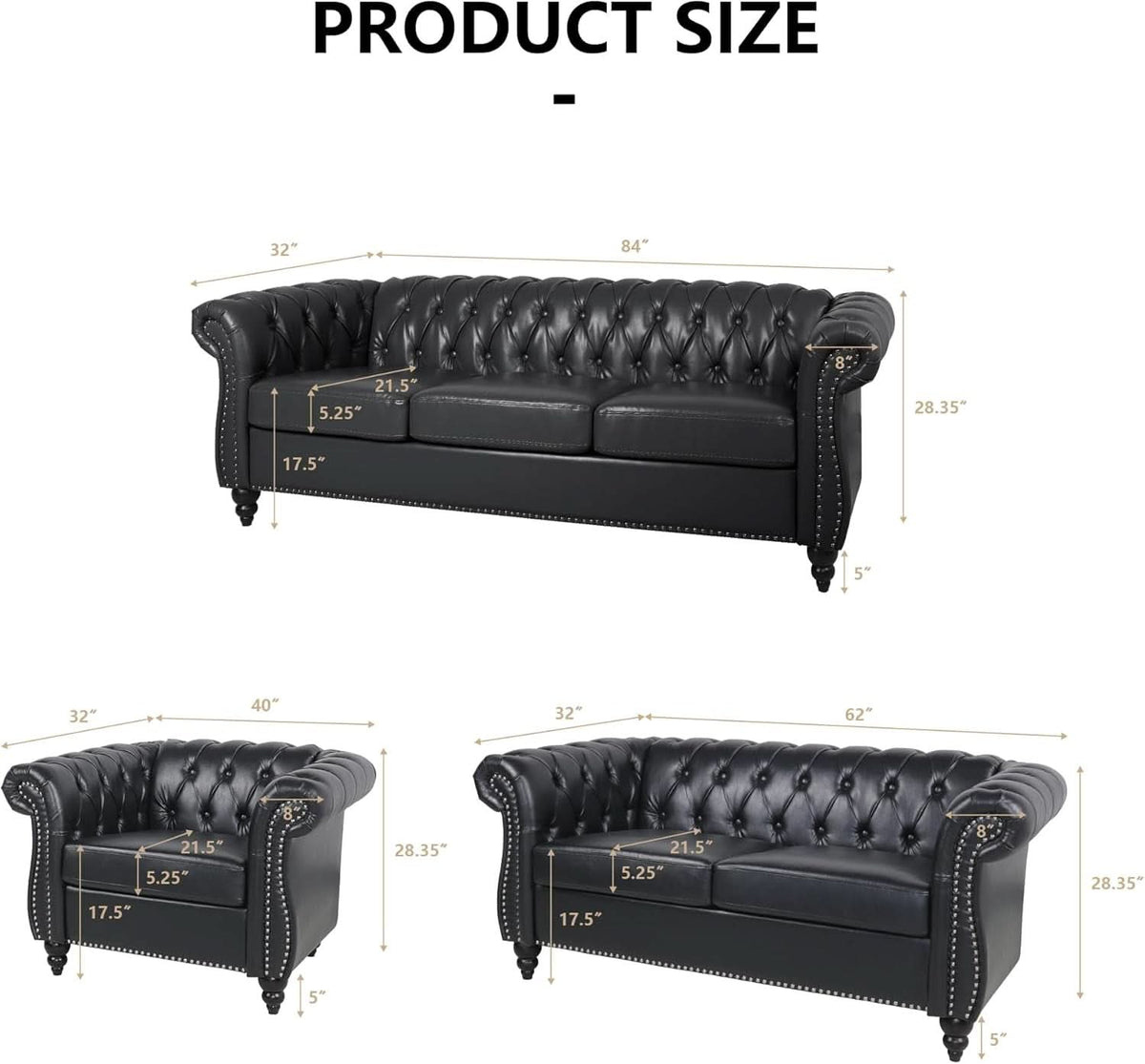 Three Piece Living Room Furniture Set With Faux Leather Chesterfield Sofa Club Chair And Loveseat In Black