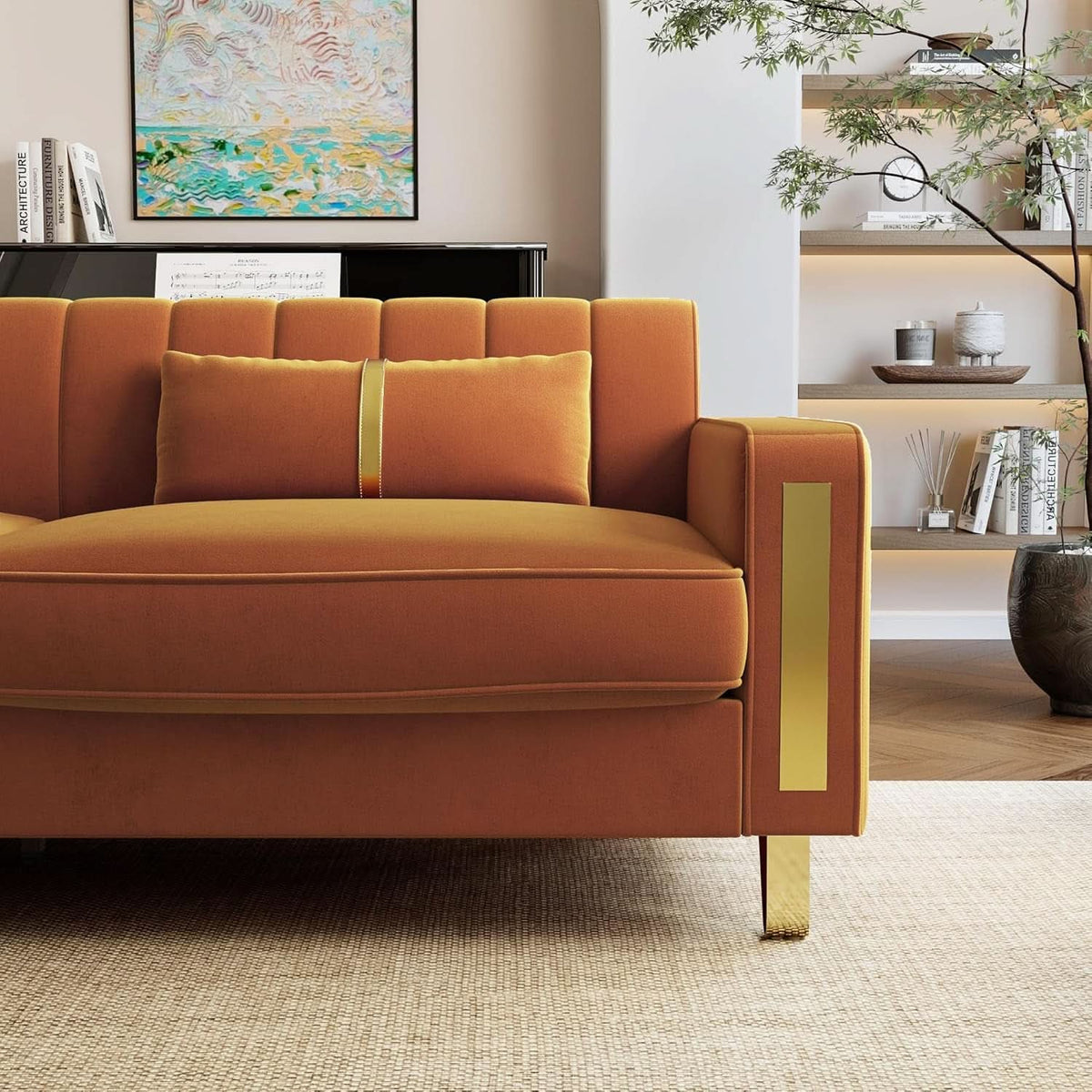 2 Piece Orange Velvet Loveseat Couch Set With Gold Metal Legs 86 Inch Living Room Sofa With 4 Pillows