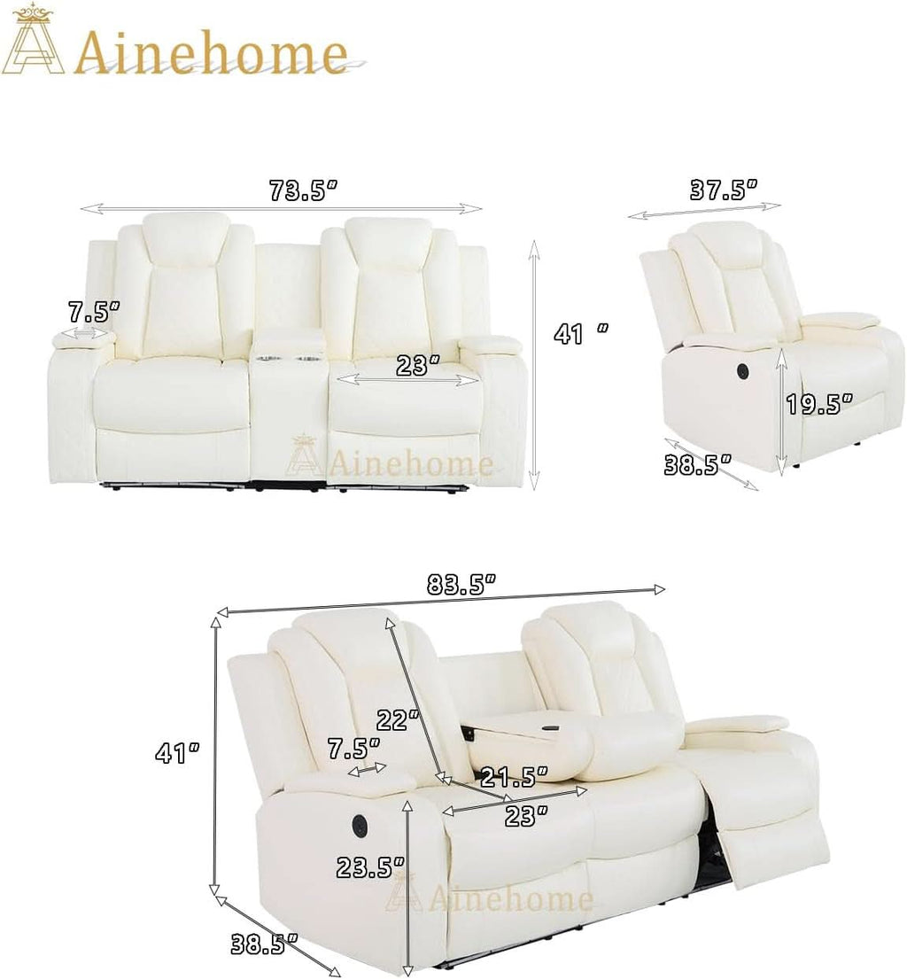 Power Recliner Sofa Set With Wireless Charging Creamy White