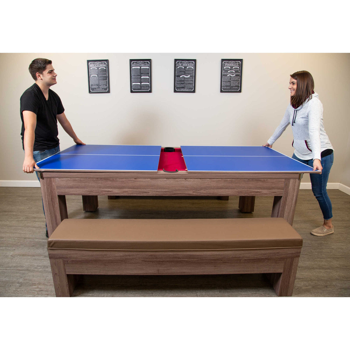 Newport 7-ft Pool Table Combo Set with Benches - Light Oak with Red Felt