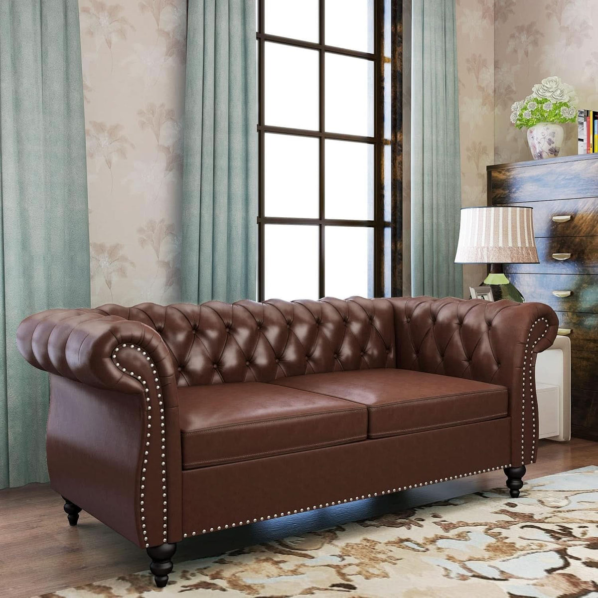 Two Piece Living Room Set Chesterfield Leather Sofa And Chair With Scroll Arms In Dark Brown