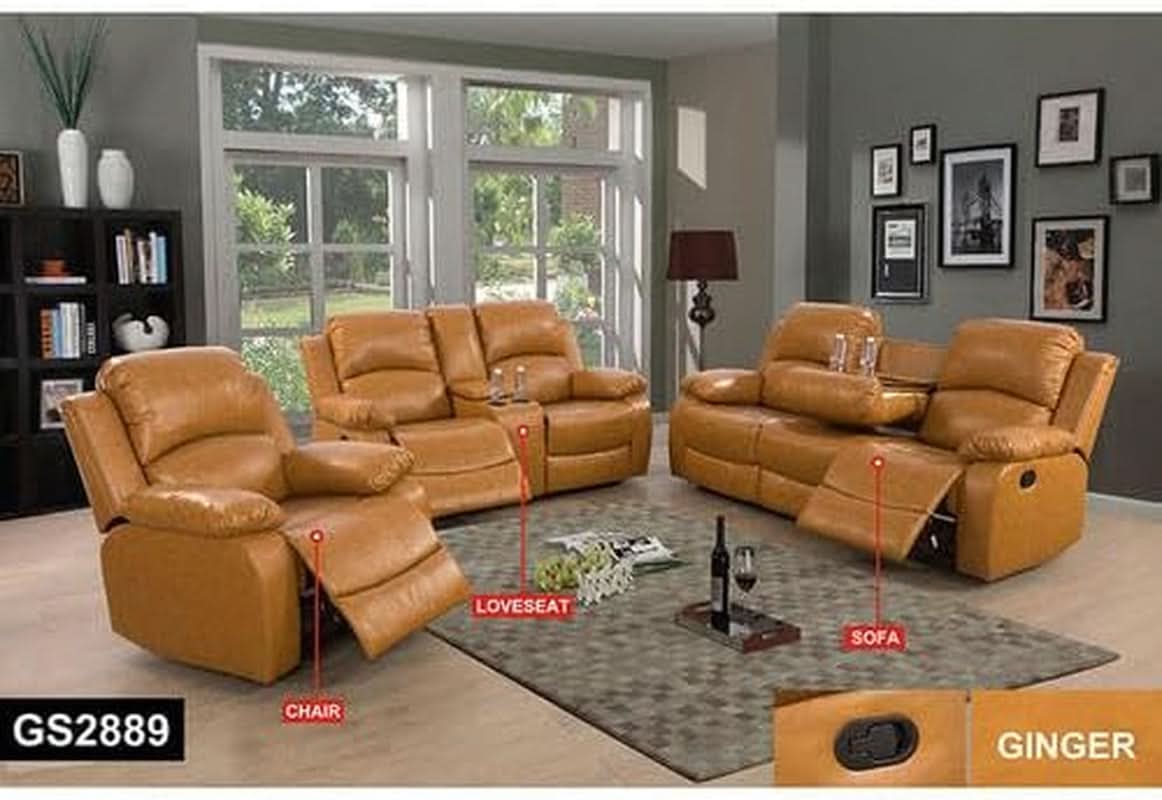 Leather Manual Recliner Sofa Set Ginger 3Piece Living Room