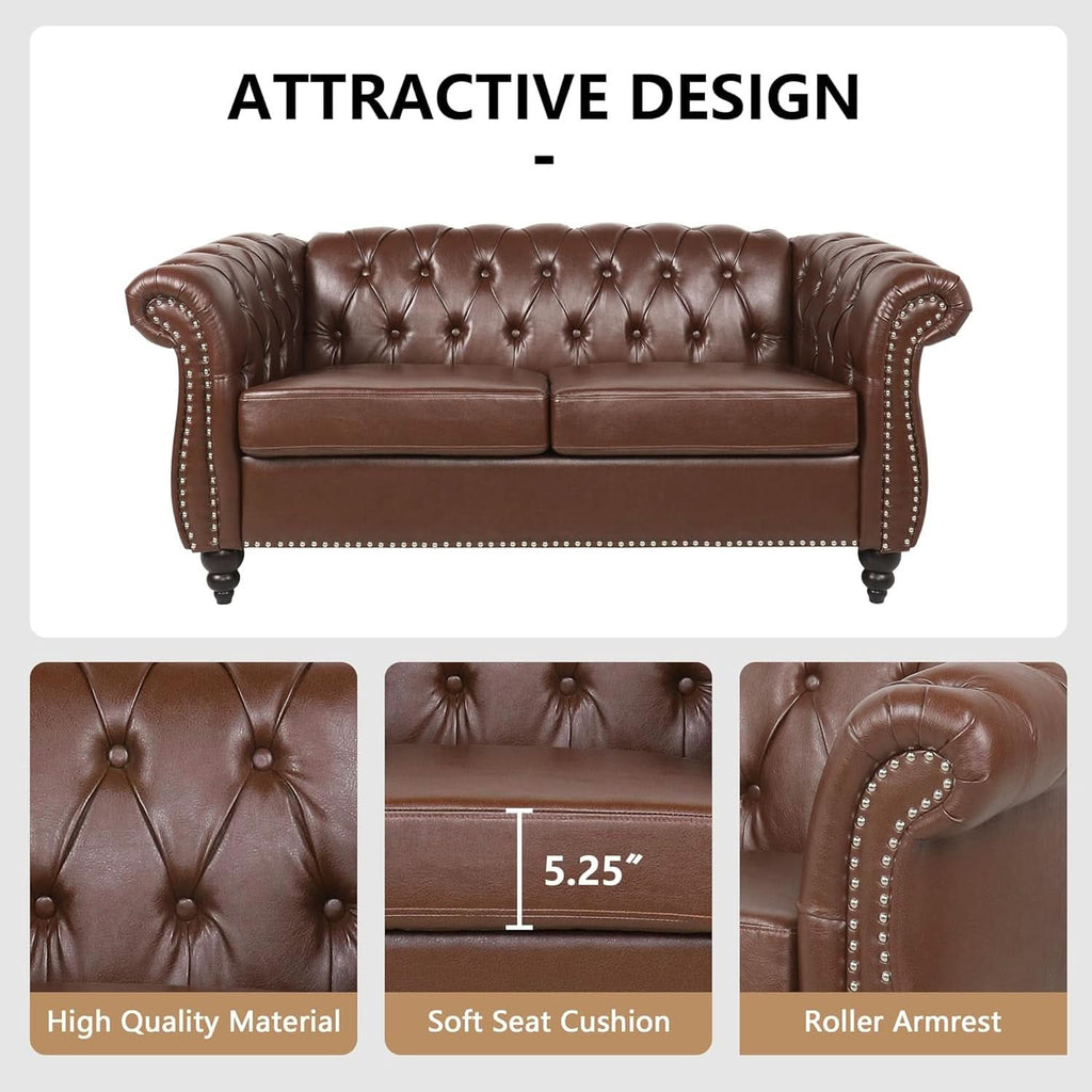 3 Piece Living Room Set With Sectional Chesterfield Sofa Chair And Leather Upholstered Loveseat