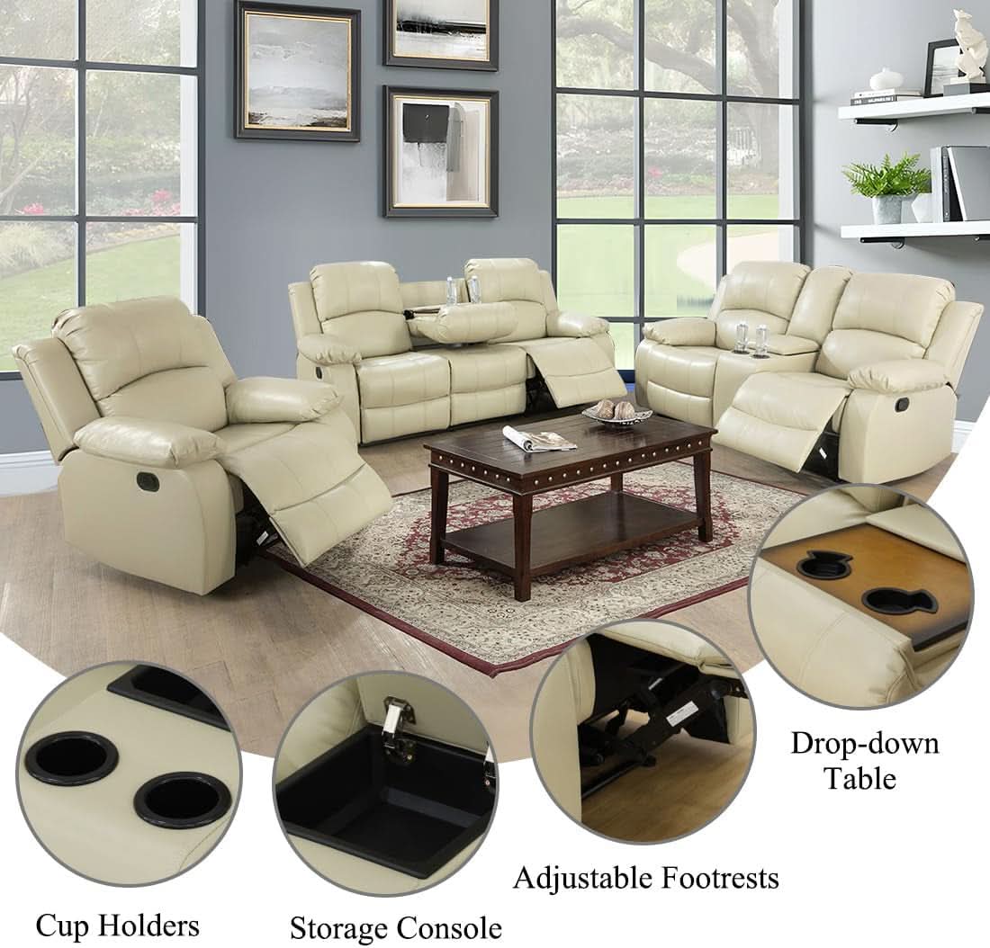 Beige 3 Piece Manual Recliner Sofa Set With Cup Holders