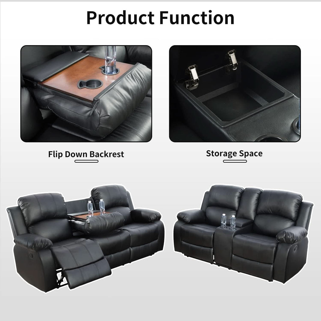 Black Recliner Sofa Set For Living Room Theater Seating