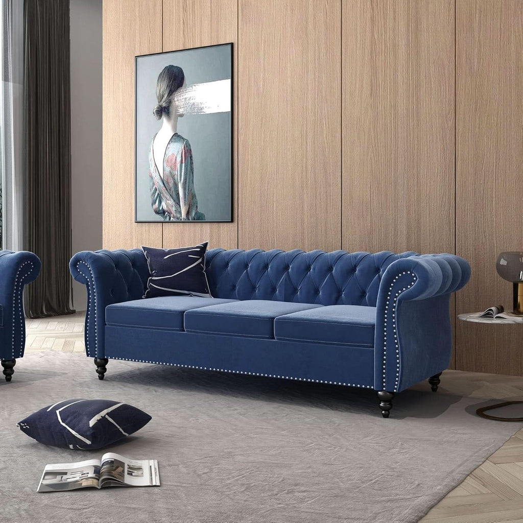 Blue Velvet 3 Piece Sectional Sofa Set With Tufting