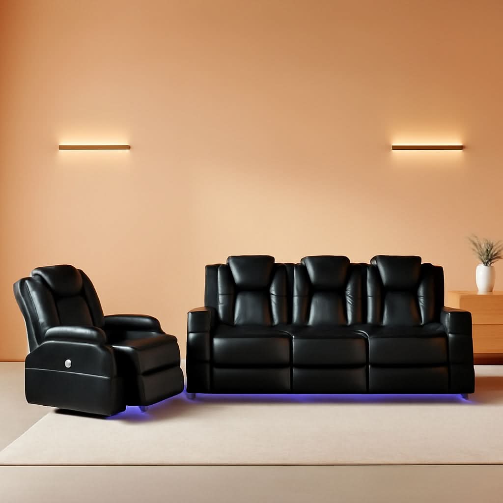 Power Reclining Leather Sofa Set With USB Ports Black