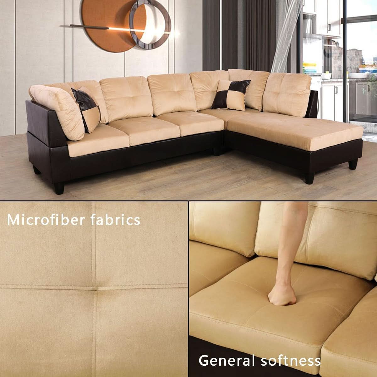 2 Piece L Shaped Sectional Sofa Set Beige Microfiber Right Hand Facing Ideal For Living Room