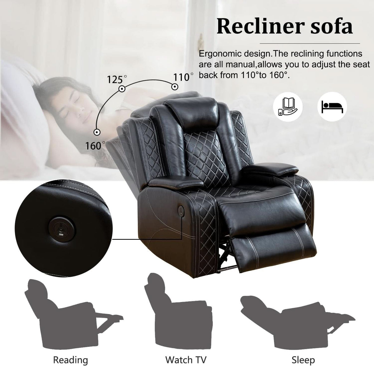 Power Leather Recliner Sofa Set LED Lights USB Ports Black