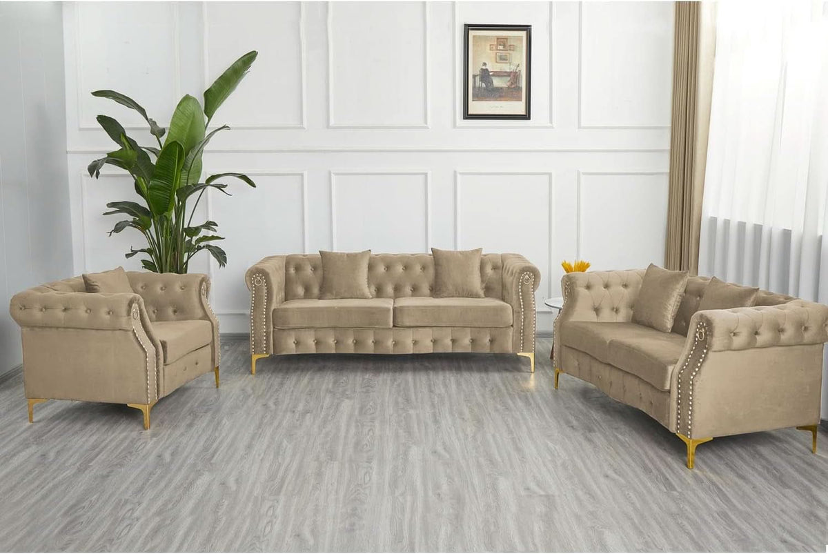 Three Piece Living Room Set Mid Century Sofa Armchair Loveseat Beige With Button Tufting And Nailhead Trim