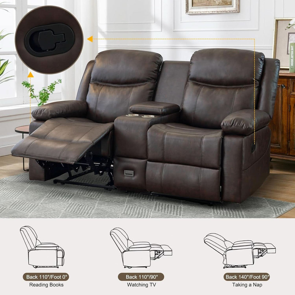 Brown PU Leather Two Seater Loveseat Recliner With Console And Double Reclining