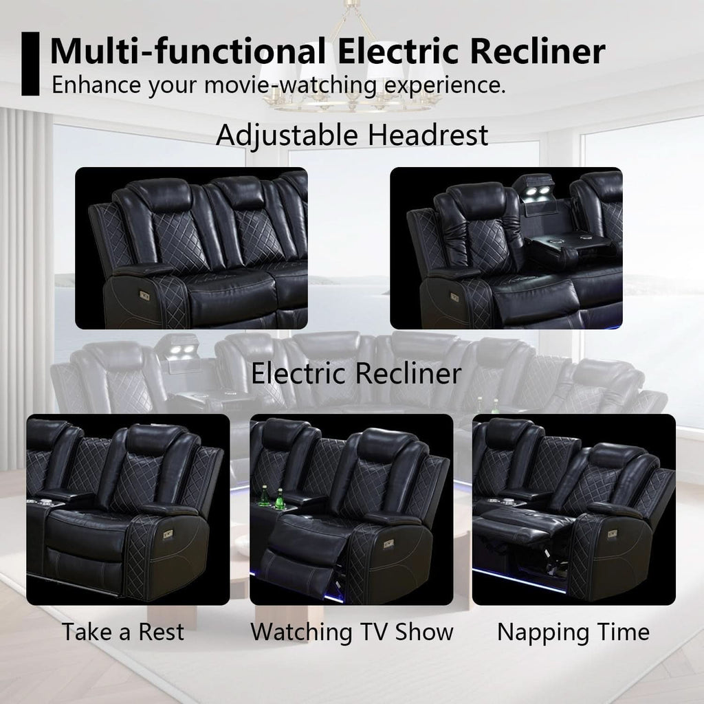 Black Leather Power Reclining Sectional Sofa Living Room
