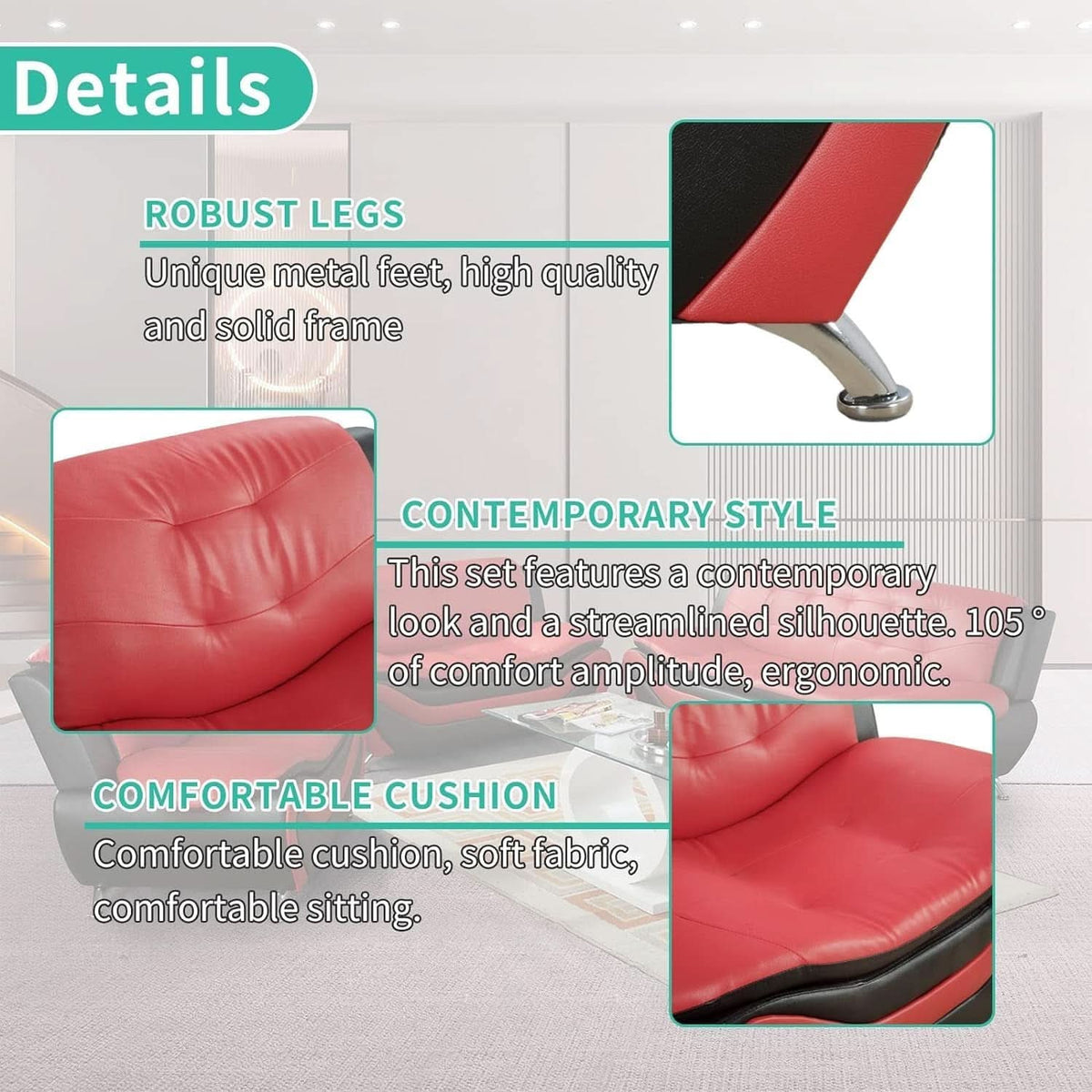 Faux Leather Living Room Sofa Set Red Black Loveseat