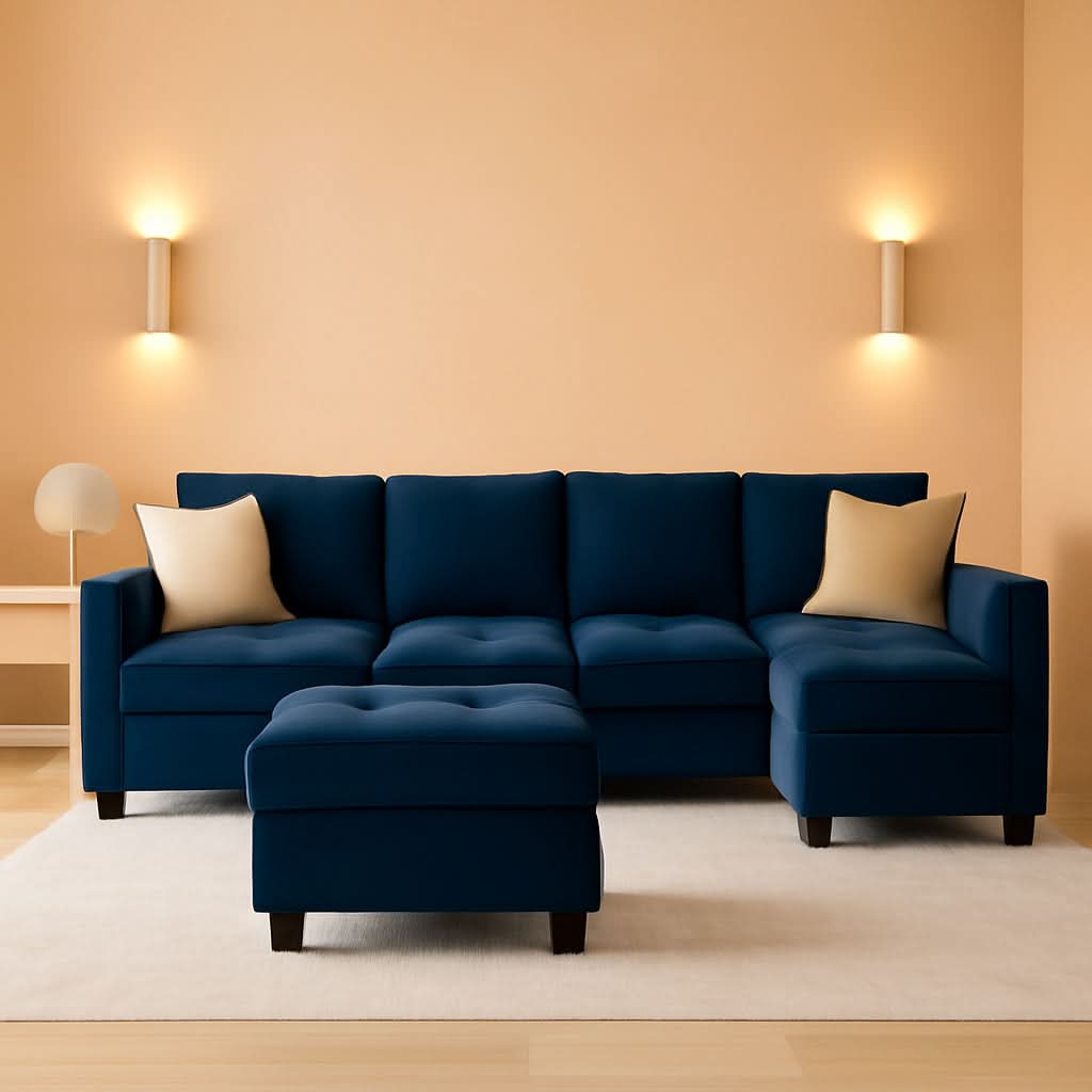 Velvet L Shaped Sofa Reversible Chaise Storage Ottoman Blue