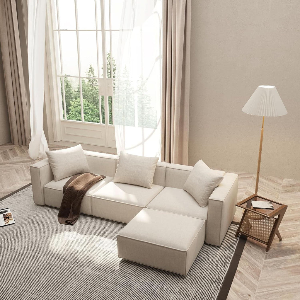 Modular Sectional Sofa Set Linen Cream With Ottoman And Chaise
