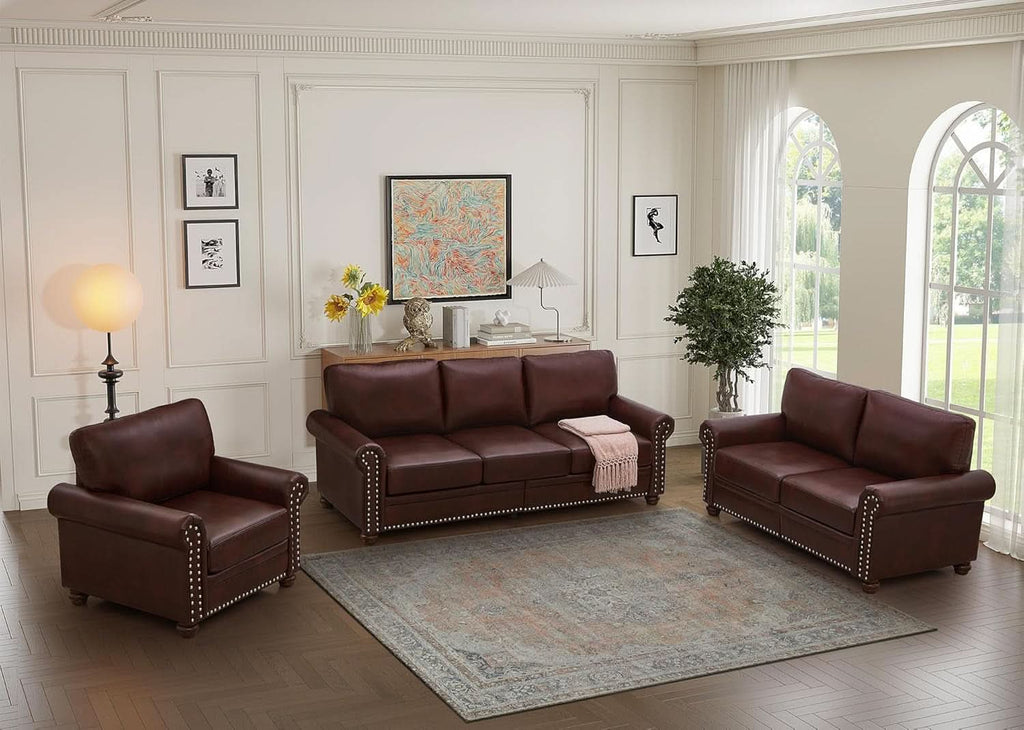 3 Piece Faux Leather Sofa Set With Storage In Burgundy Mid Century Modern Living Room