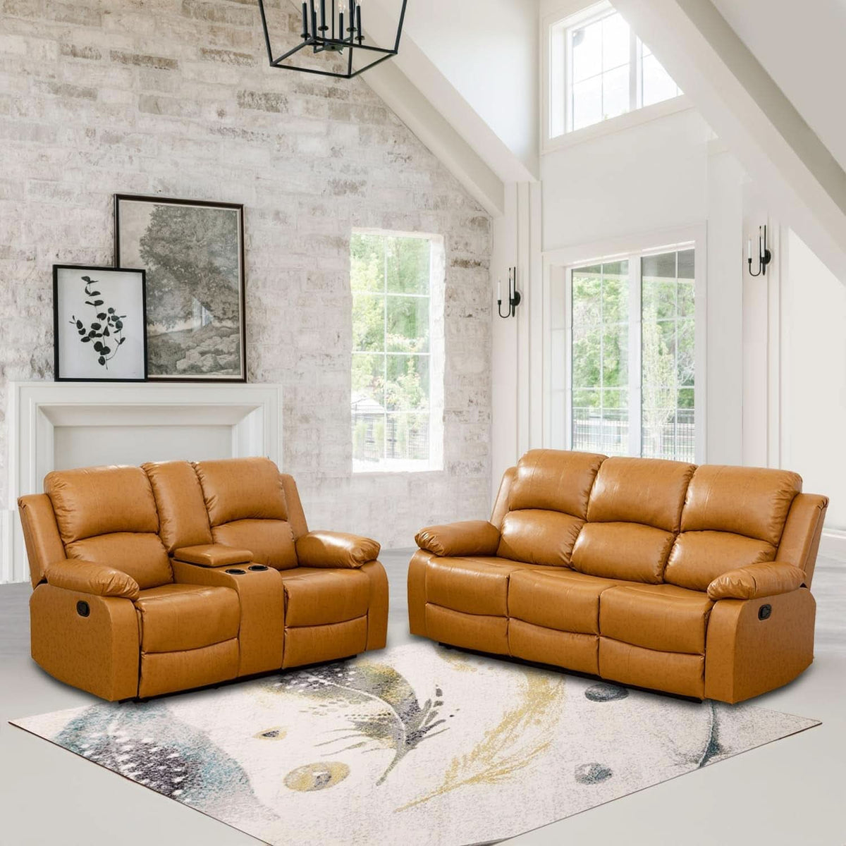 Leather Manual Recliner Sofa Set Ginger 3Piece Living Room