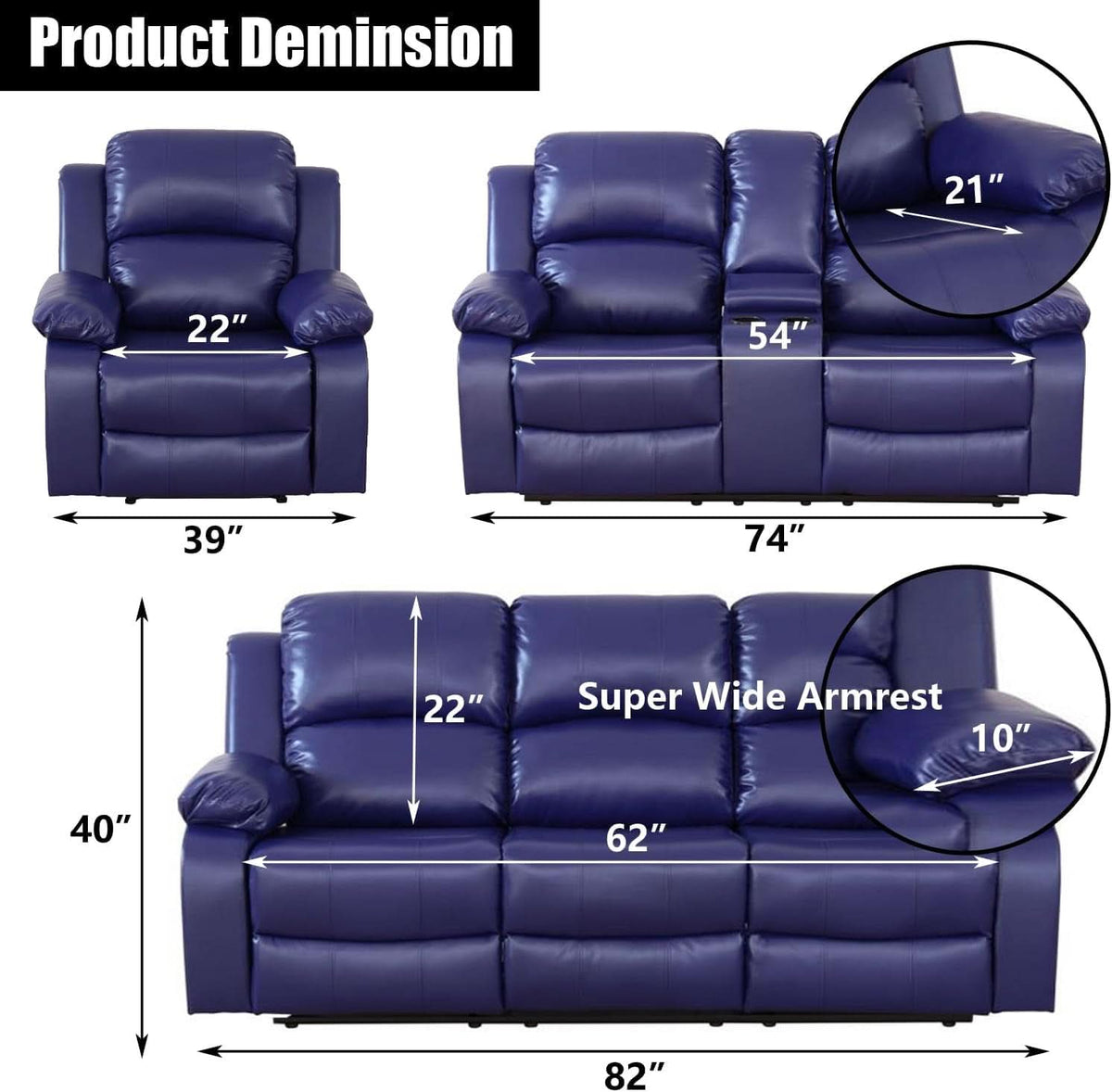 Blue Leather Reclining Sofa Set With Drop Table And Storage
