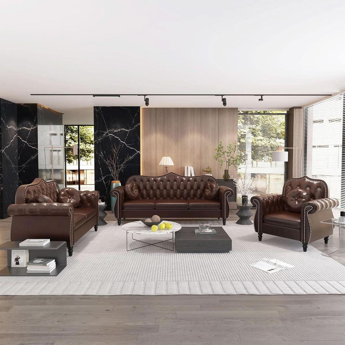 2 Piece Living Room Set Mid-Century Modern Chesterfield Chair Loveseat in Brown PU Leather Edition