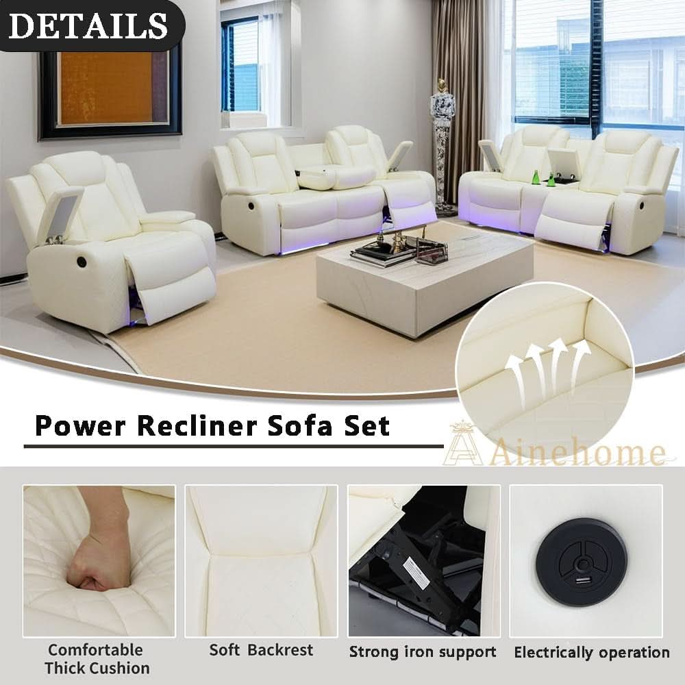 Power Recliner Sofa Set With Wireless Charging Creamy White