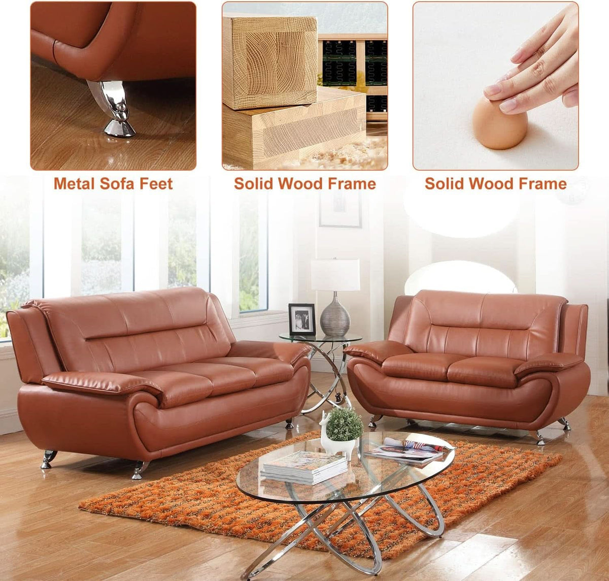 Faux Leather Two Piece Sofa Set In Orange With Wood Frame