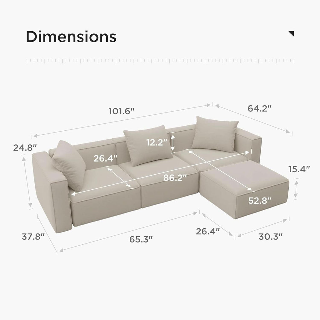 Modular Sectional Sofa Set Linen Cream With Ottoman And Chaise