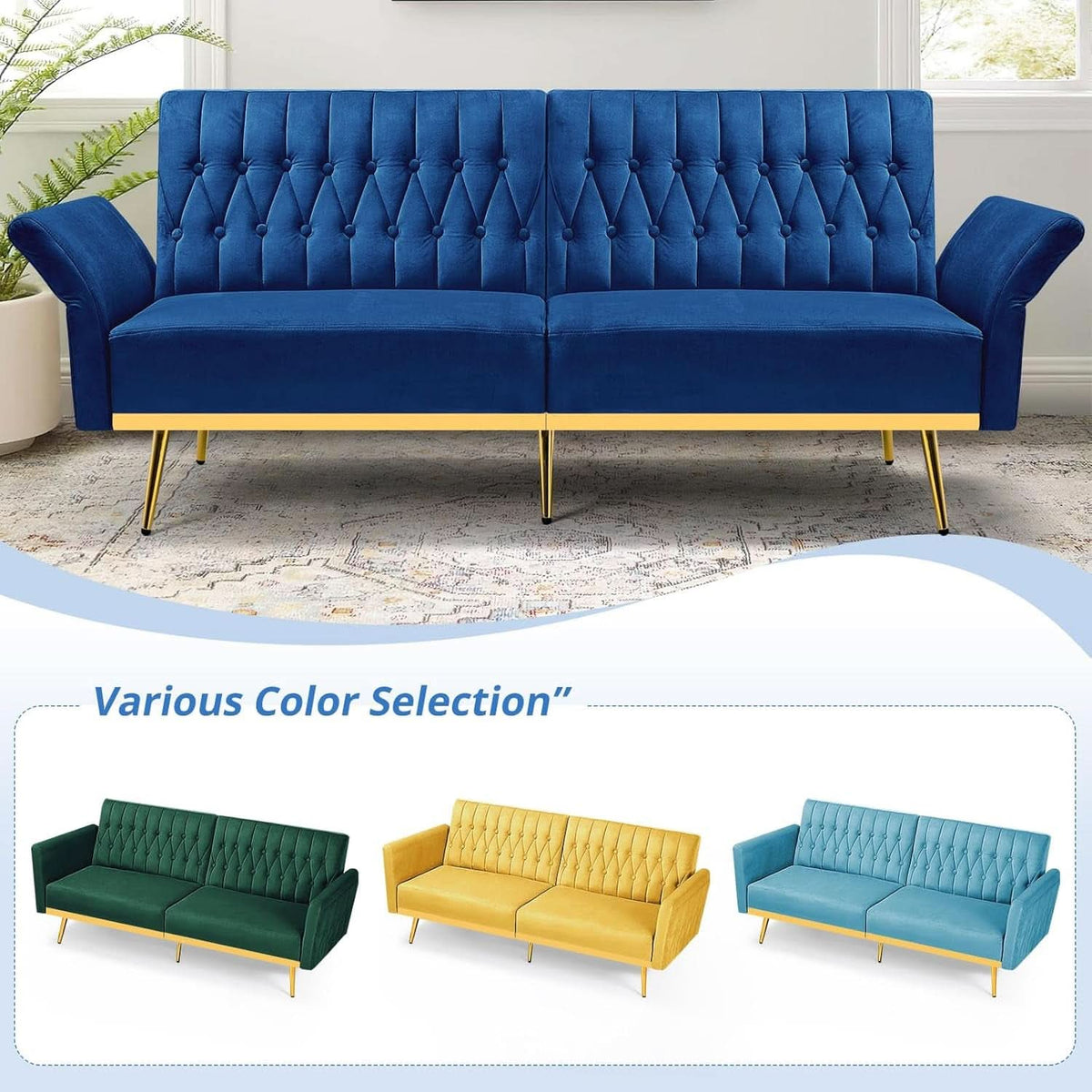 Velvet Futon Sofa Set Two Piece With Convertible Sofa Bed And Tufted Accent Chair In Blue