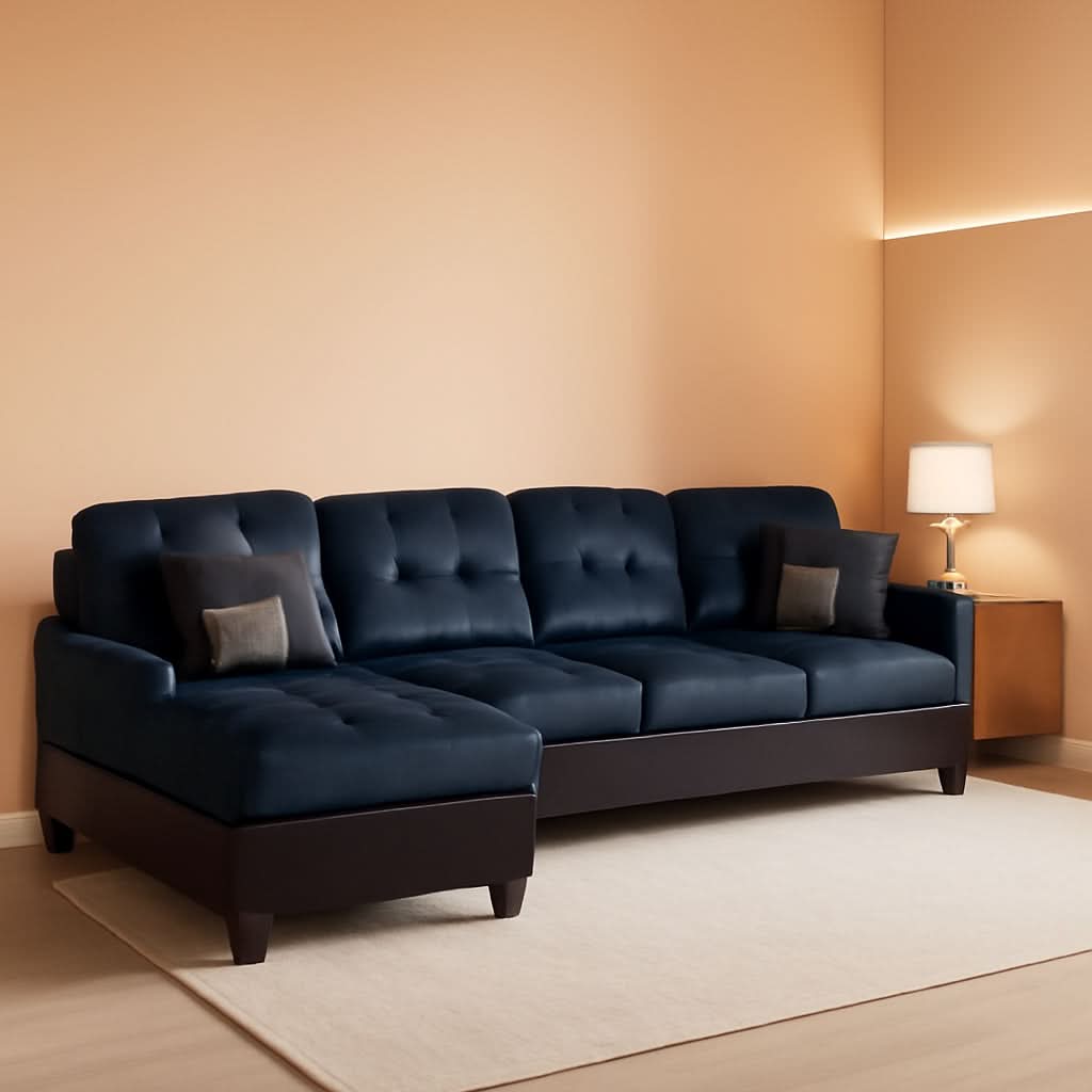Two Piece L Shape Sectional Sofa Set In Midnight Blue Microfiber With Chaise Left Hand Facing