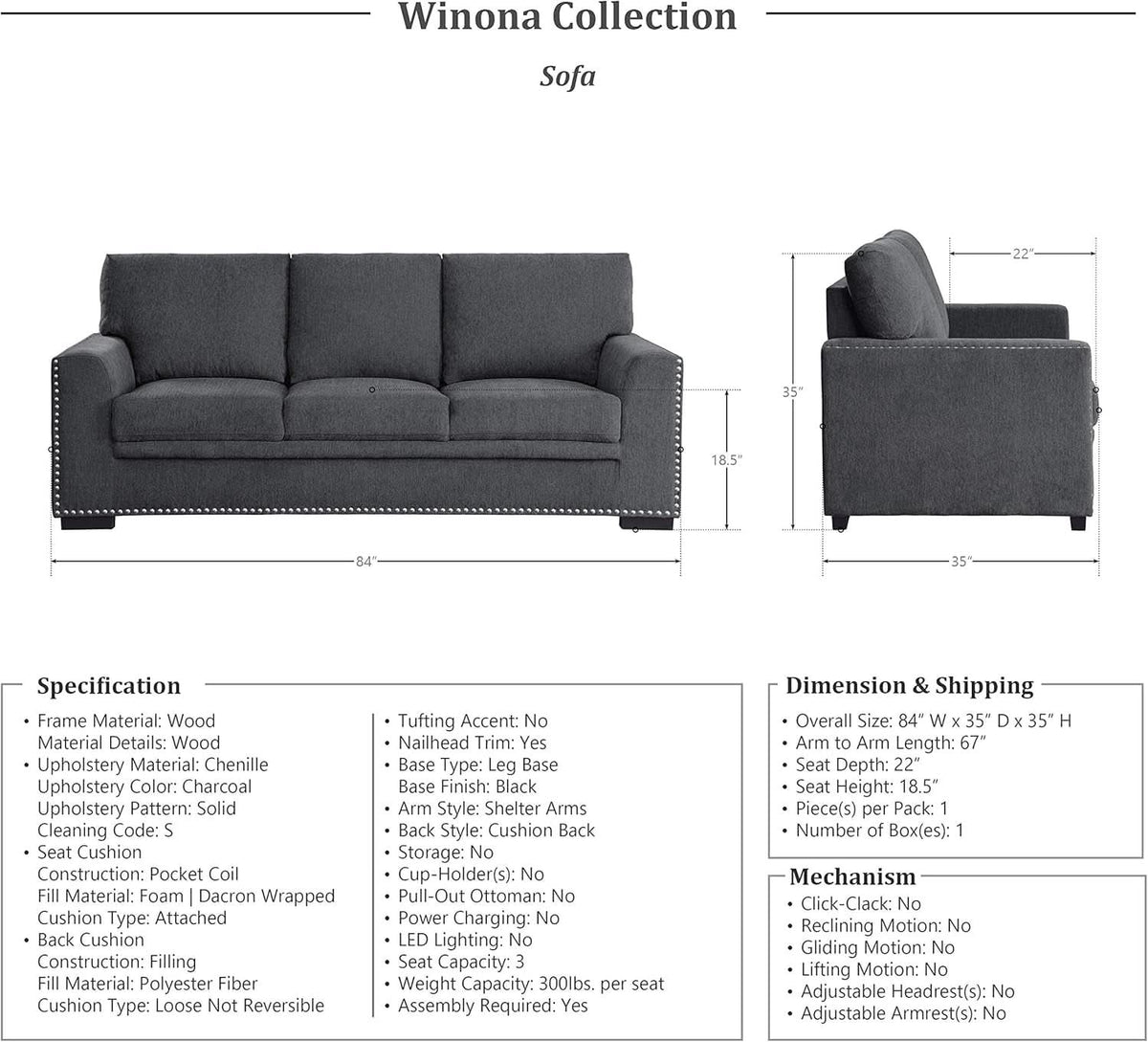 Charcoal 3 Piece Living Room Set With Chenille Upholstery