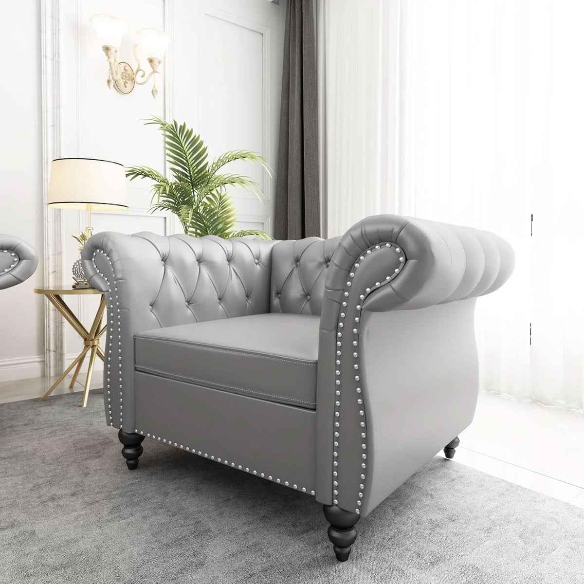 Grey Chesterfield Leather Living Room Set With Scroll Arms