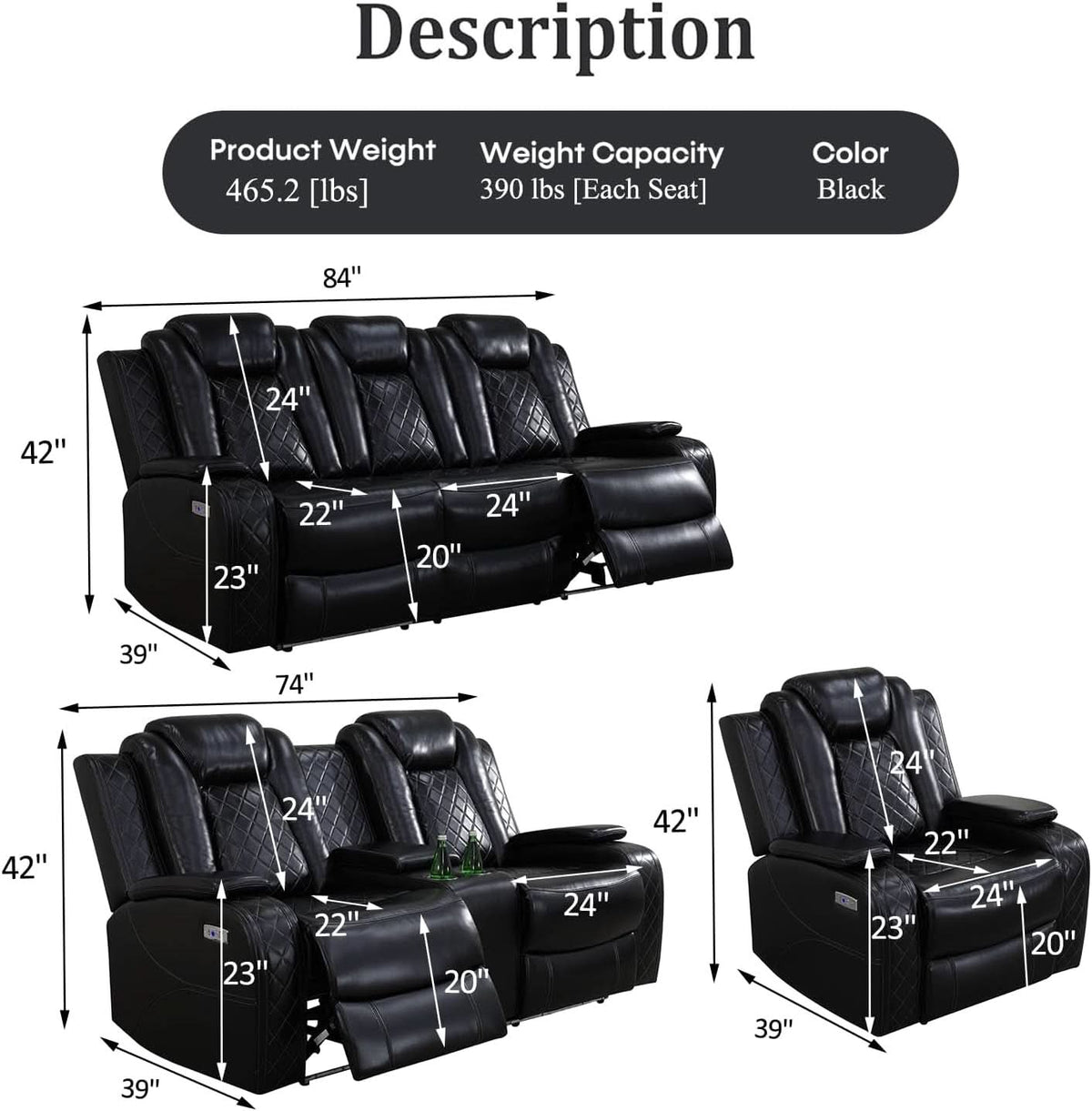 Black Leather Power Recliner Sofa Set With USB Ports