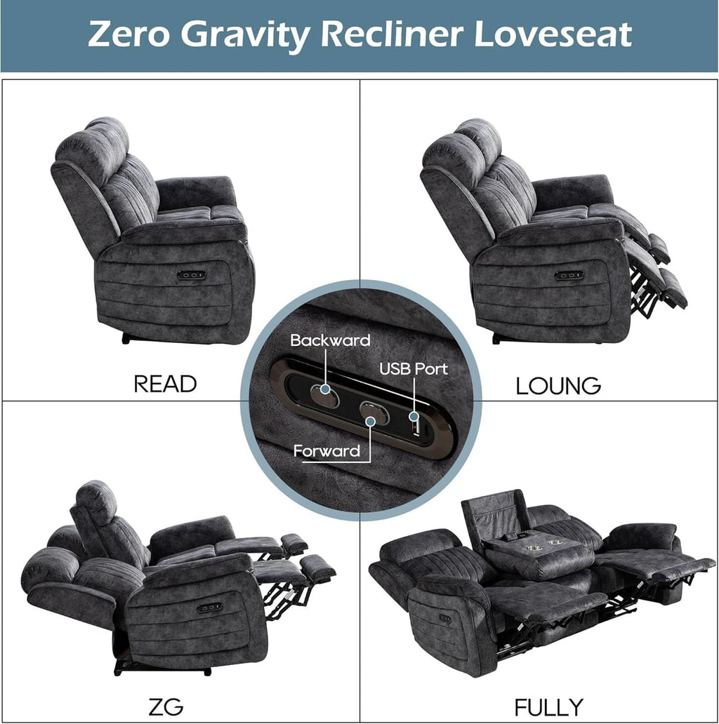 Grey Zero Gravity Reclining Sofa Set With Adjustable Headrest