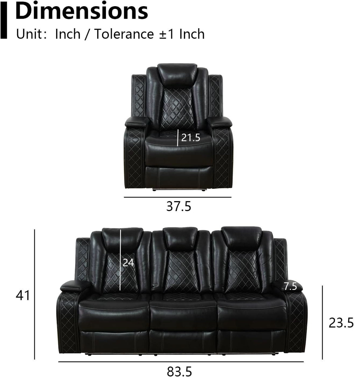 Black Leather Reclining Sofa Set With LED Light Living Room