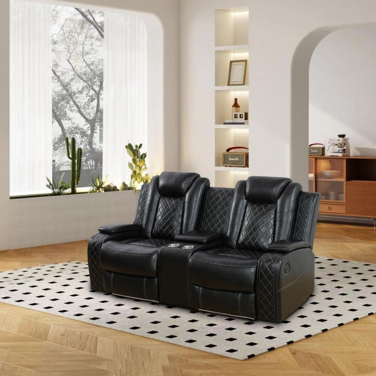 Power Reclining Leather Sofa Set With USB Ports Black