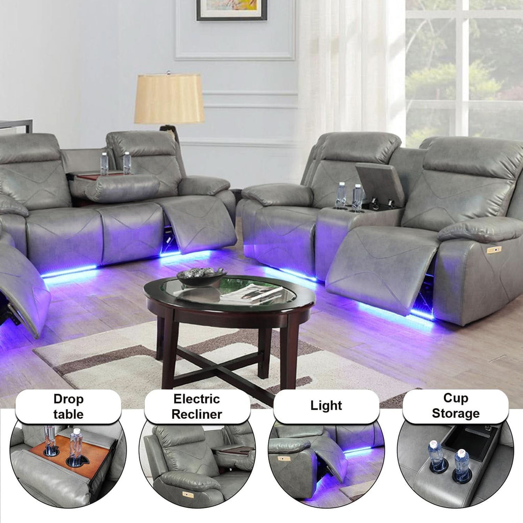 Power Leather Recliner Sofa Set, 2 Piece With LED Lights And USB Ports, Grey