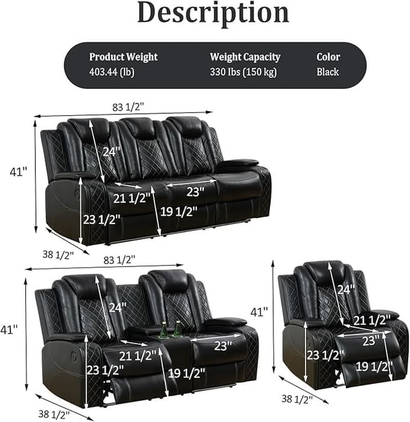 Power Recliner Set With LED Lights And Wireless Charger USB Port