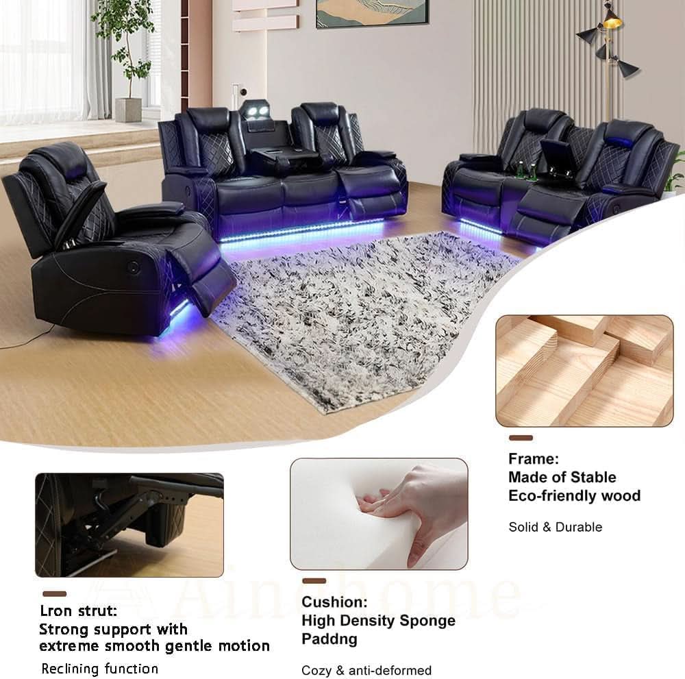 Black 3Piece Power Recliner Sofa Set With LED Light