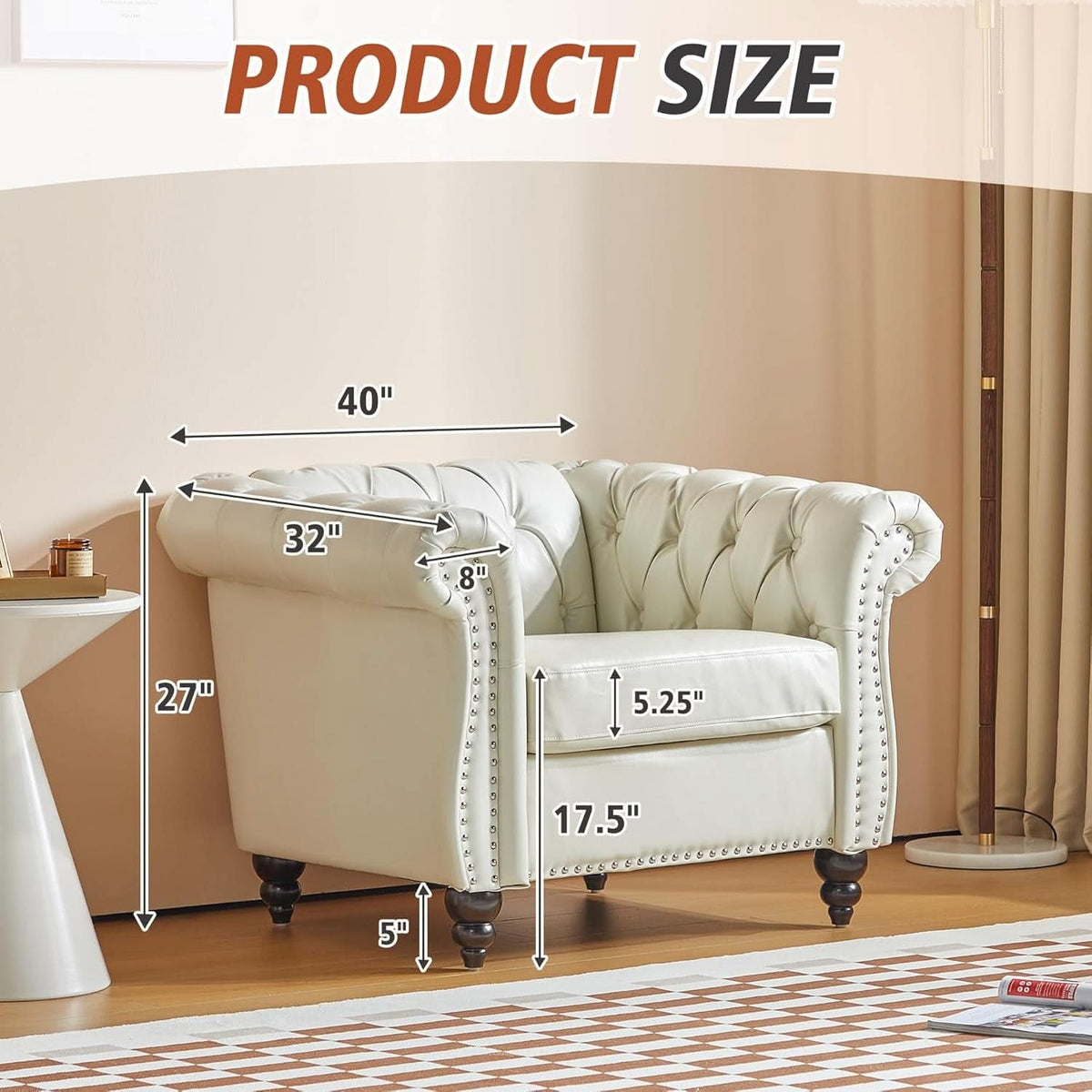 3 Piece Living Room Set Chesterfield Faux Leather Sofa Loveseat Chair White With Scroll Arms And Nailhead
