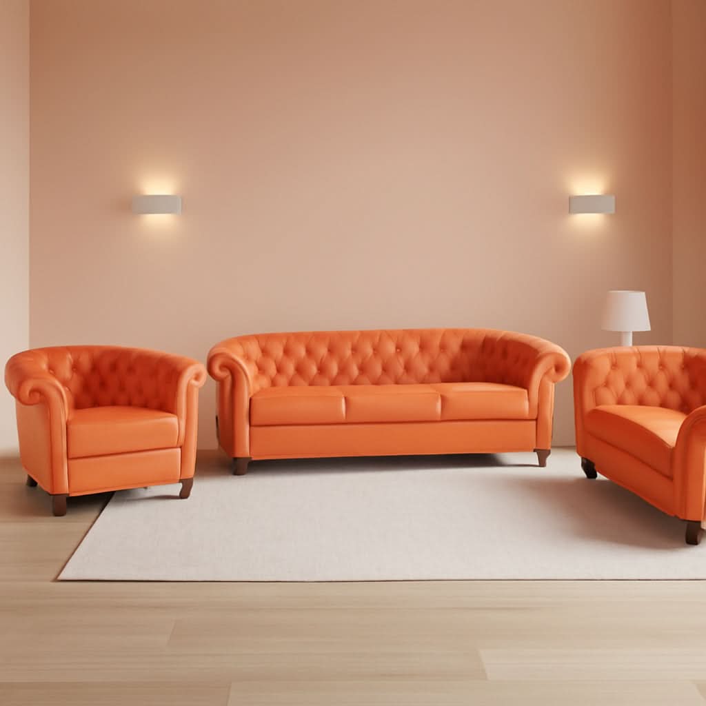 3 Piece Orange Velvet Living Room Sofa Set Includes Loveseat And Club Chair Durable Upholstery