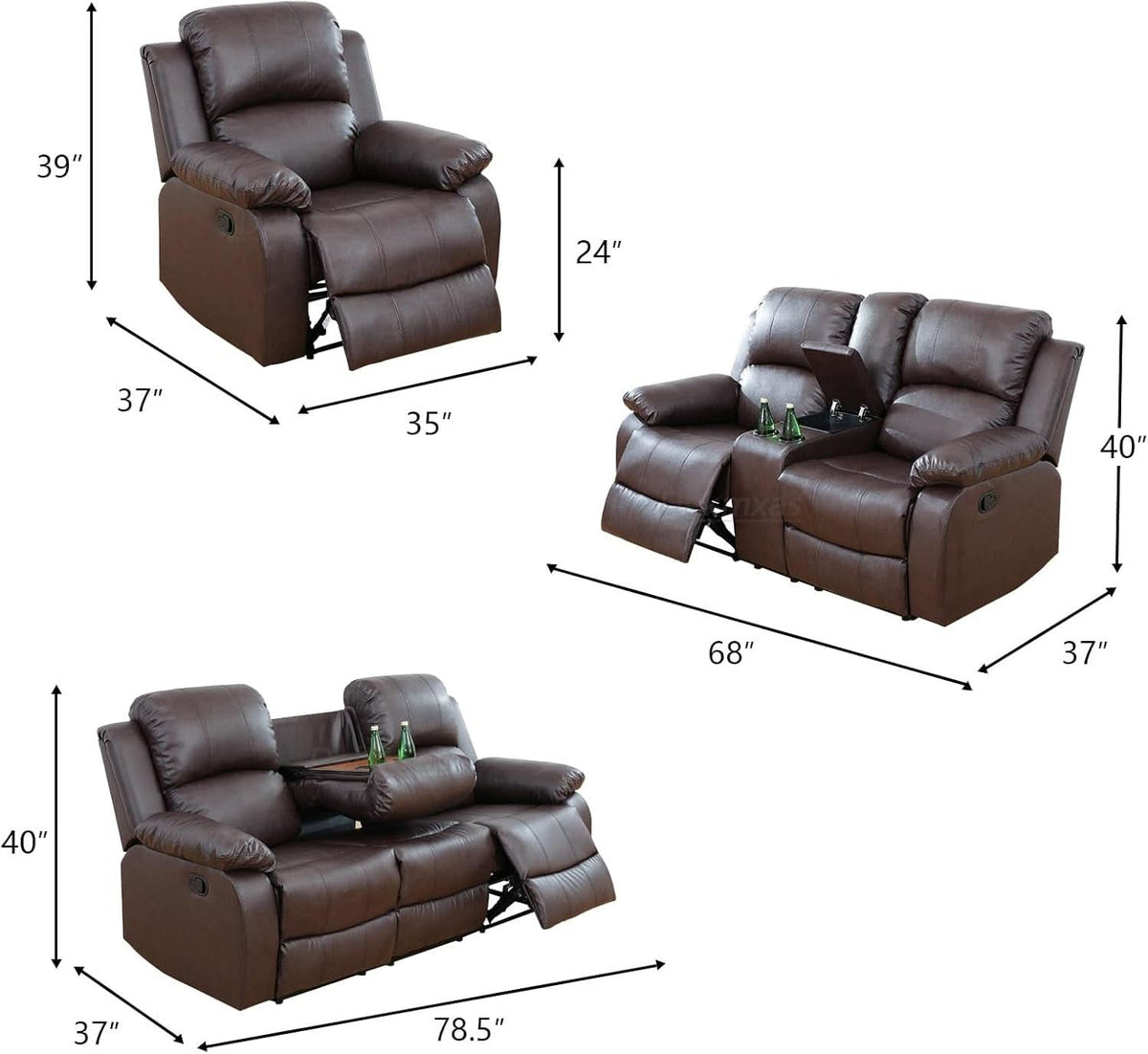 Brown 3 Piece Vegan Leather Recliner Sofa Set Cupholders
