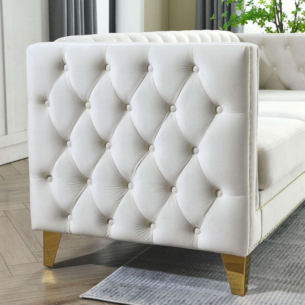 Velvet Beige 80-Inch Sofa Set With 58-Inch Loveseat And Gold Nail Heads