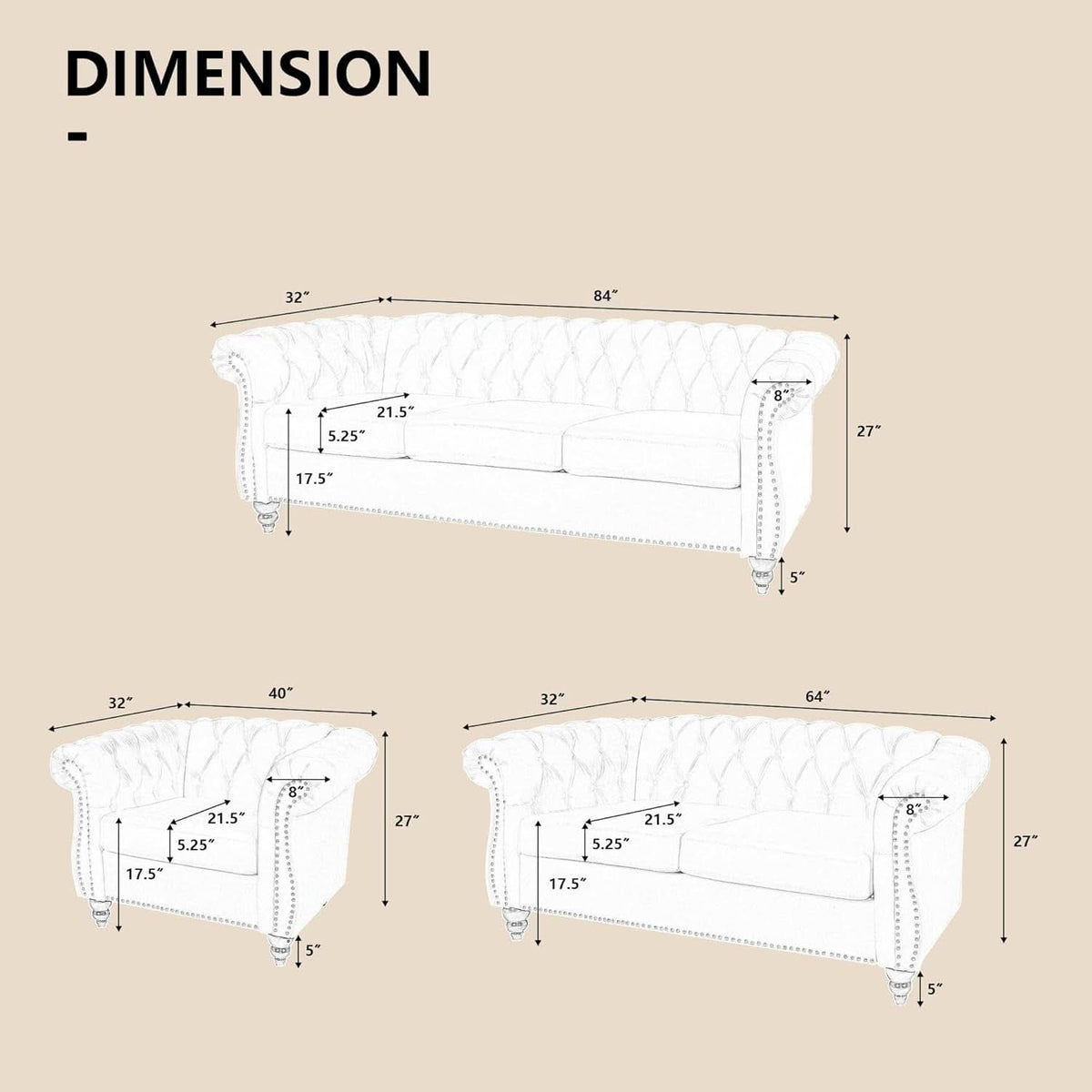 3 Piece Velvet Living Room Set Sectional Chesterfield Sofa Upholstered Loveseat And Chair